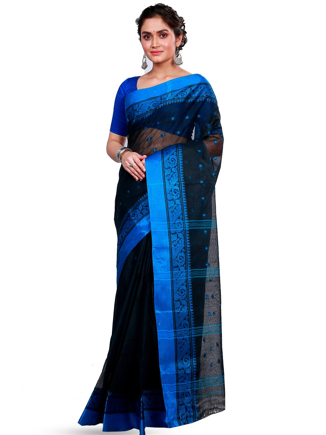 PuJoy Ethnic Motifs Woven Design Pure Cotton Taant Saree, Navy blue