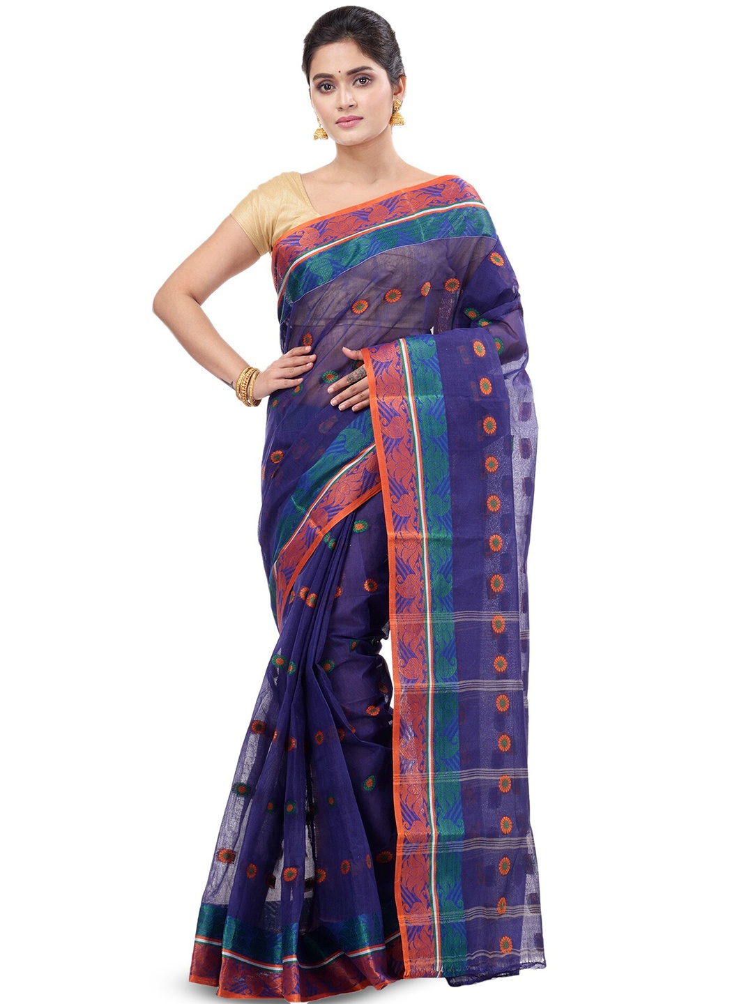 

PuJoy Floral Woven Design Pure Cotton Taant Saree, Blue