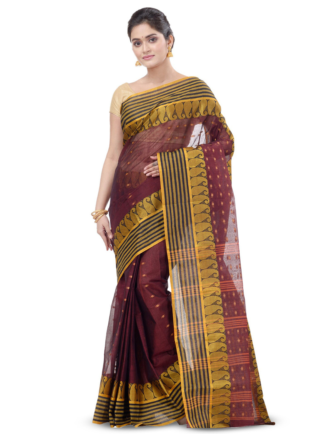 

PuJoy Paisley Woven Design Pure Cotton Taant Saree, Brown
