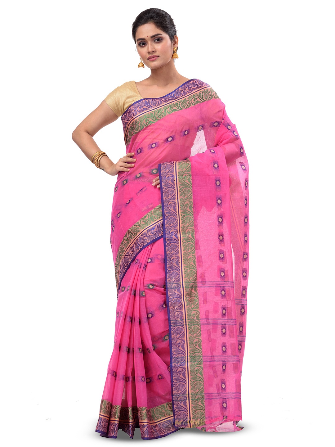 

PuJoy Floral Woven Design Pure Cotton Taant Saree, Pink