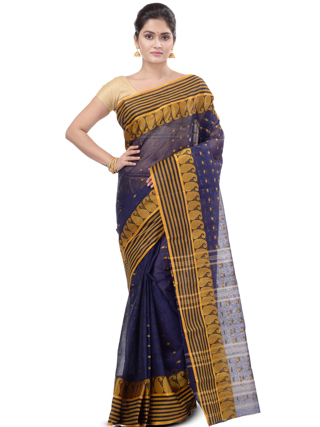 

PuJoy Paisley Woven Design Pure Cotton Taant Saree, Blue