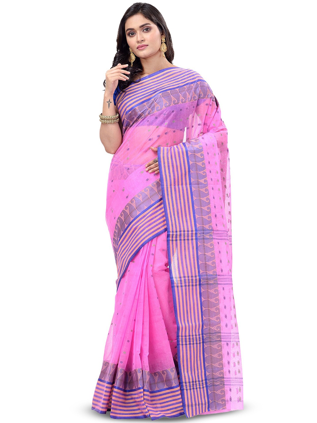 

PuJoy Paisley Woven Design Pure Cotton Taant Saree, Pink