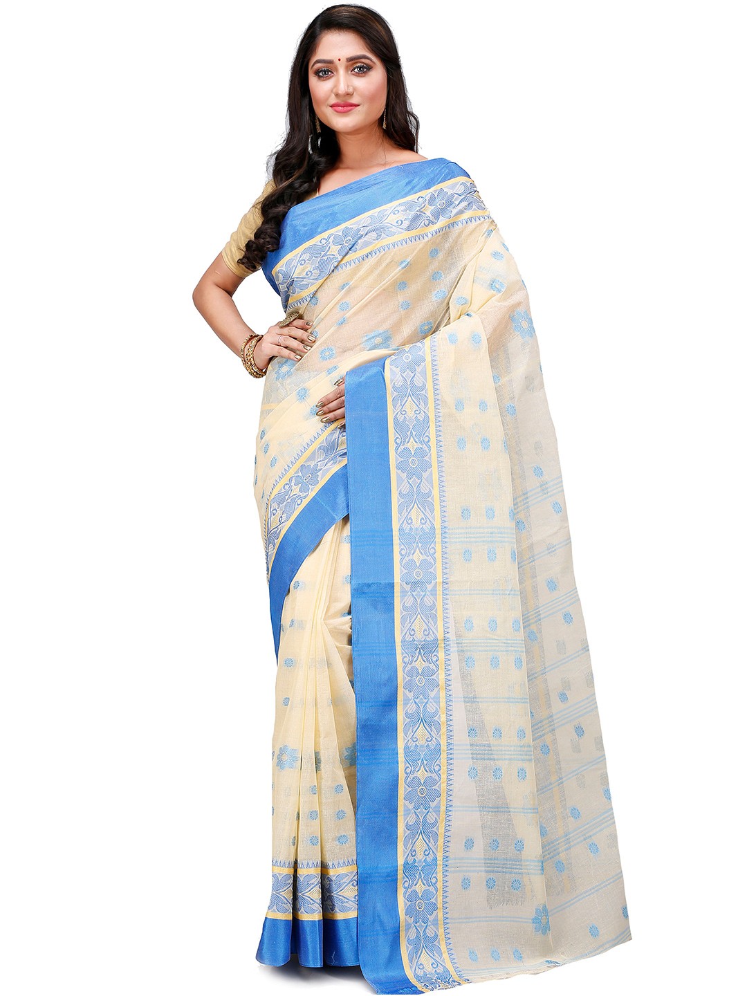 

PuJoy Floral Woven Design Pure Cotton Taant Saree, Blue