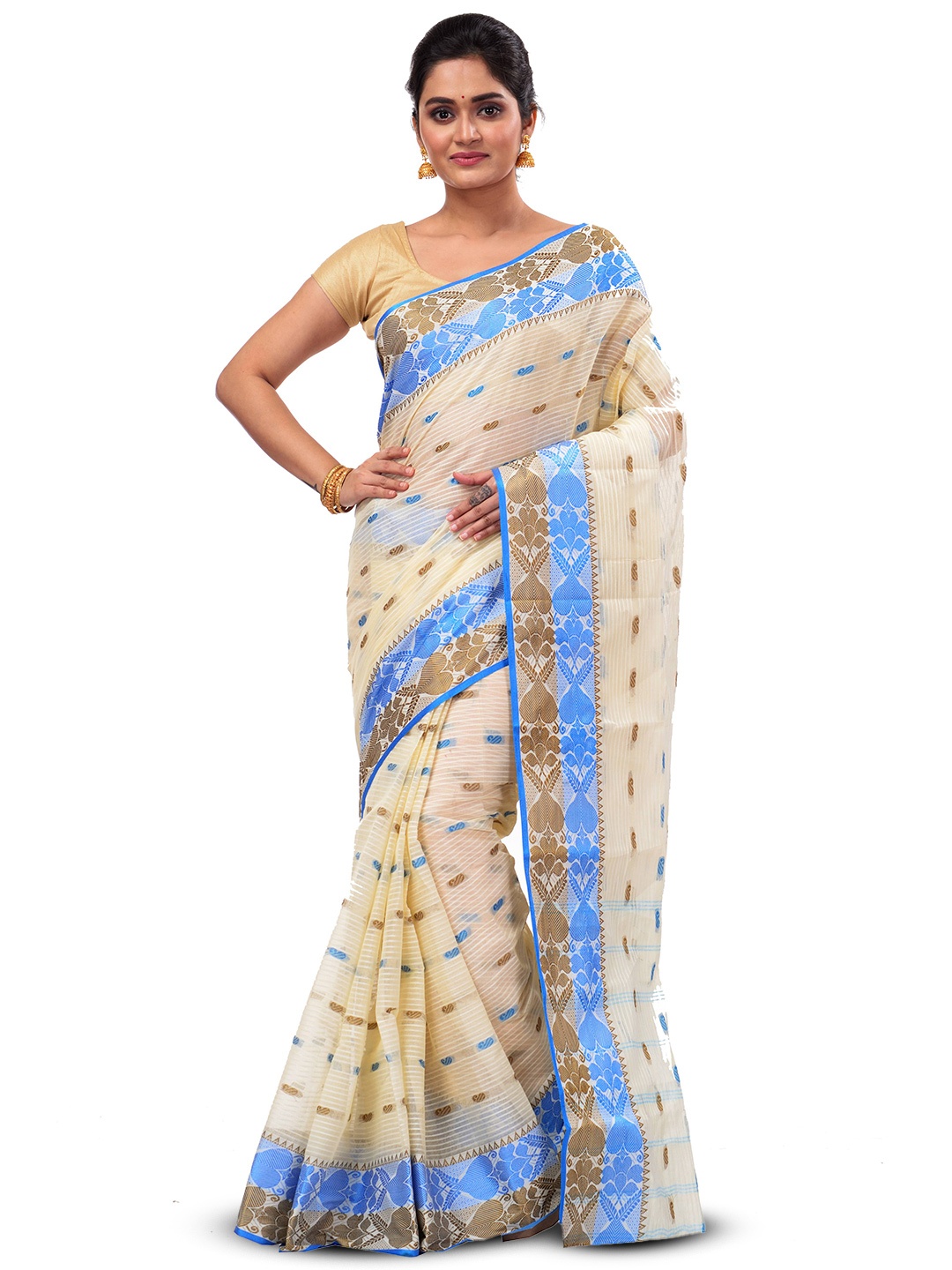 

PuJoy Paisley Woven Design Pure Cotton Taant Saree, White