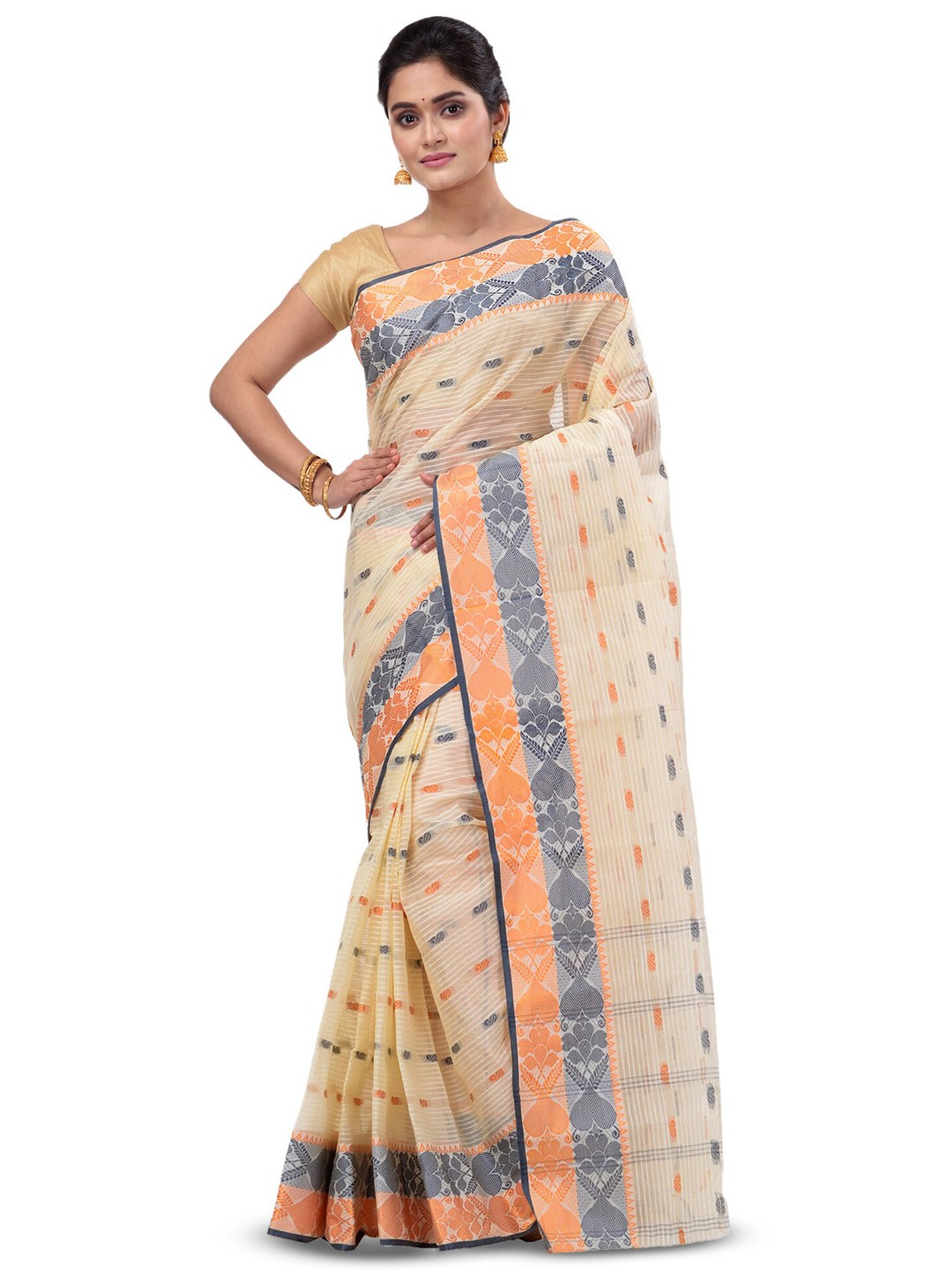 

PuJoy Ethnic Motifs Woven Design Pure Cotton Taant Saree, White