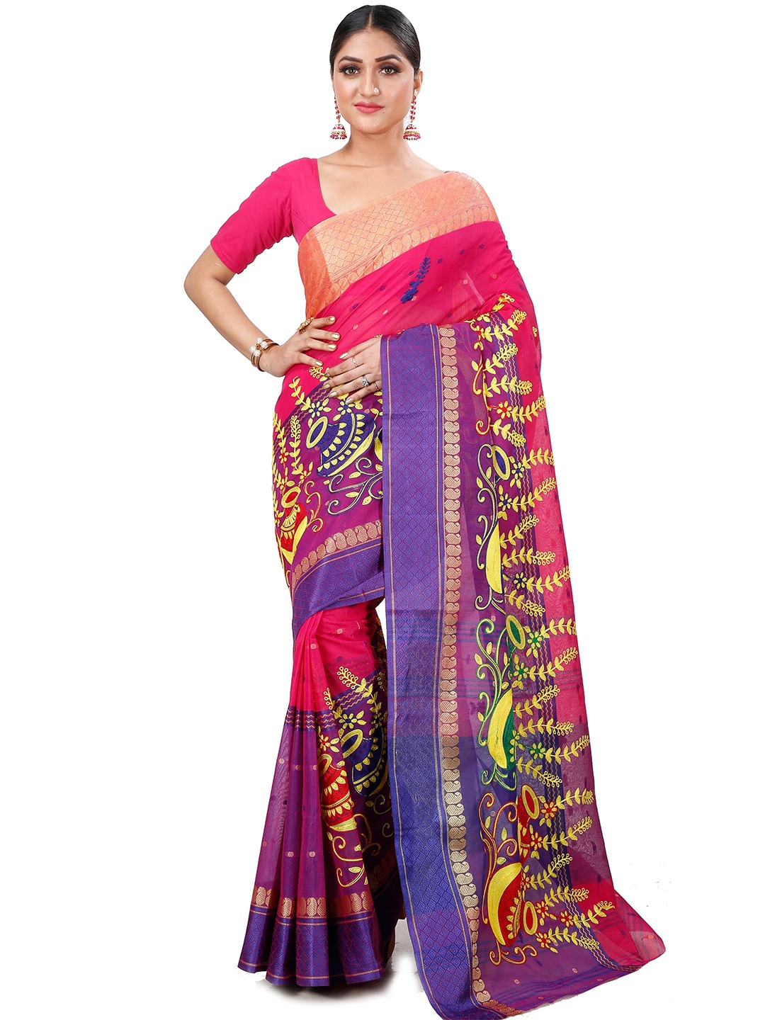 

PuJoy Floral Zari Woven Design Pure Cotton Taant Saree, Pink