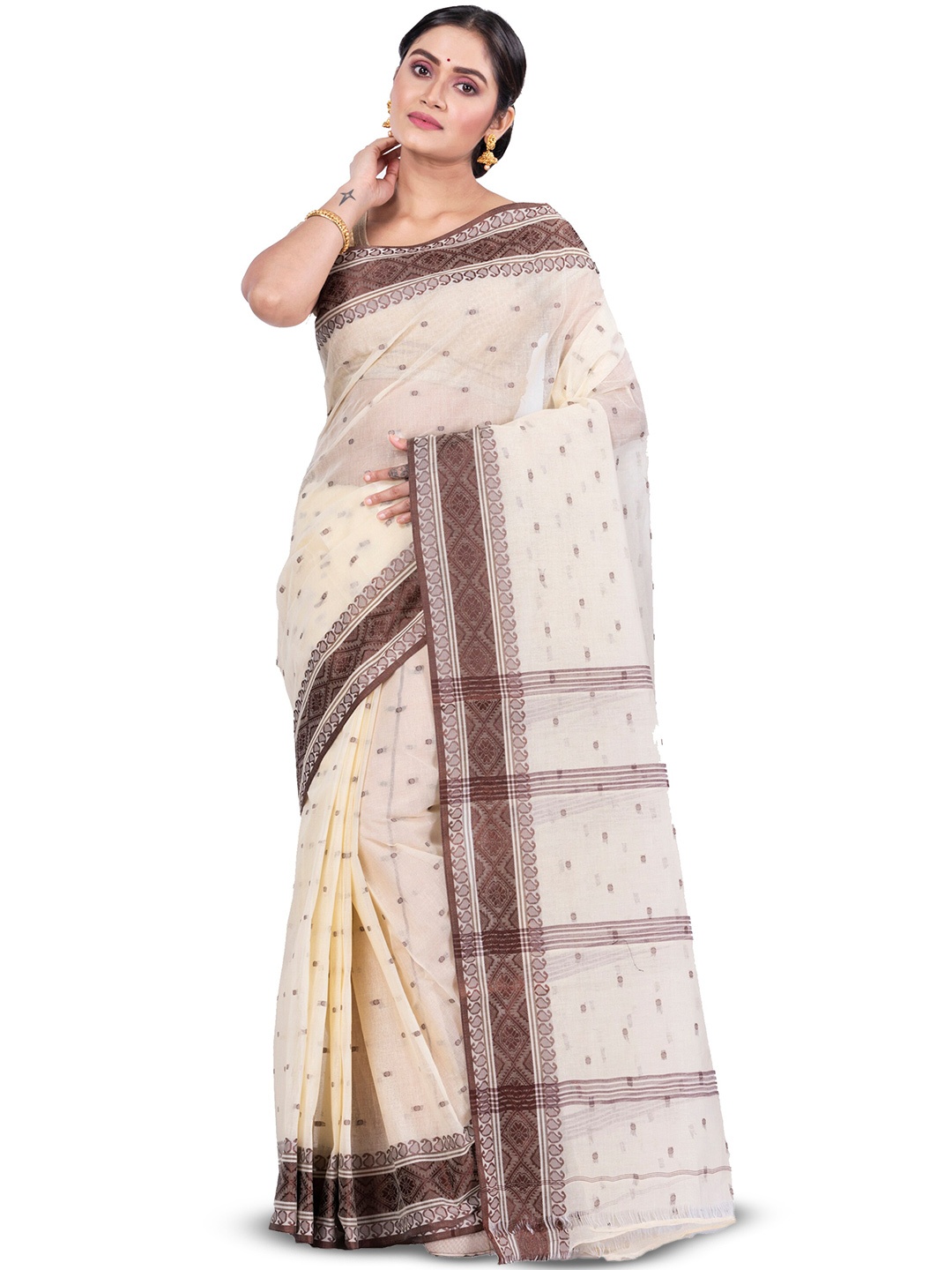 

PuJoy Abstract Woven Design Pure Cotton Taant Saree, Brown