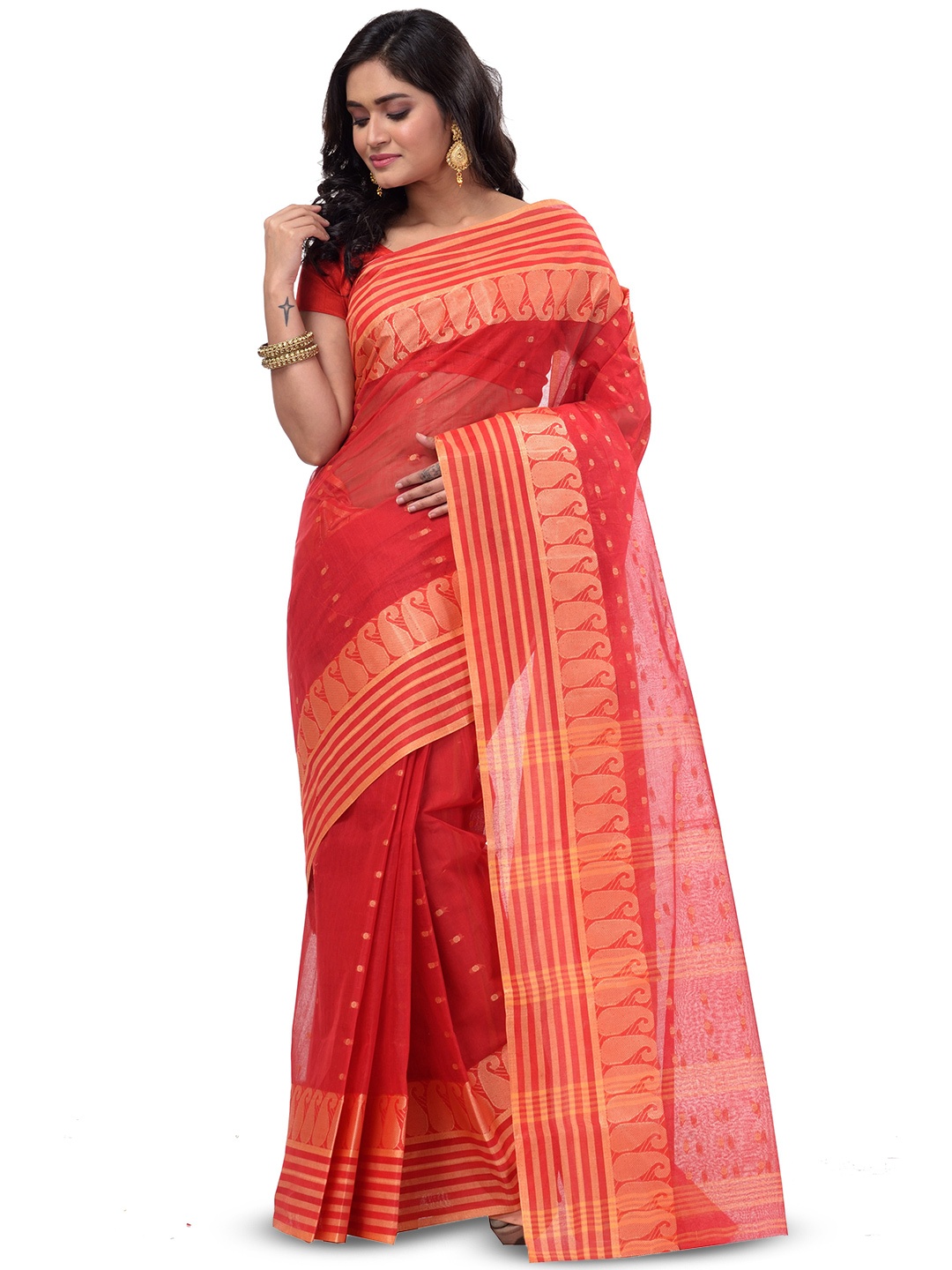 

PuJoy Polka Dots Woven Design Pure Cotton Taant Saree, Red