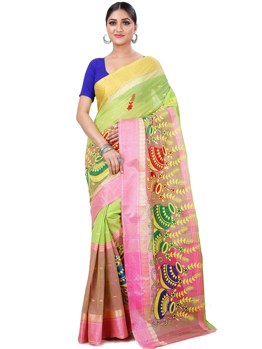 

PuJoy Floral Embroidered Woven Design Pure Cotton Taant Saree, Green