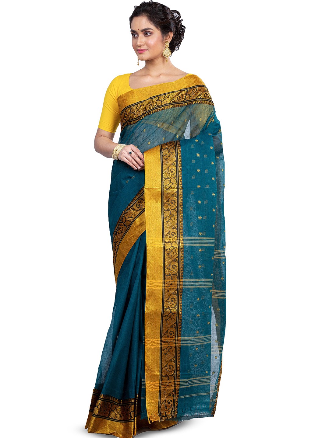 

PuJoy Floral Zari Woven Design Pure Cotton Taant Saree, Blue