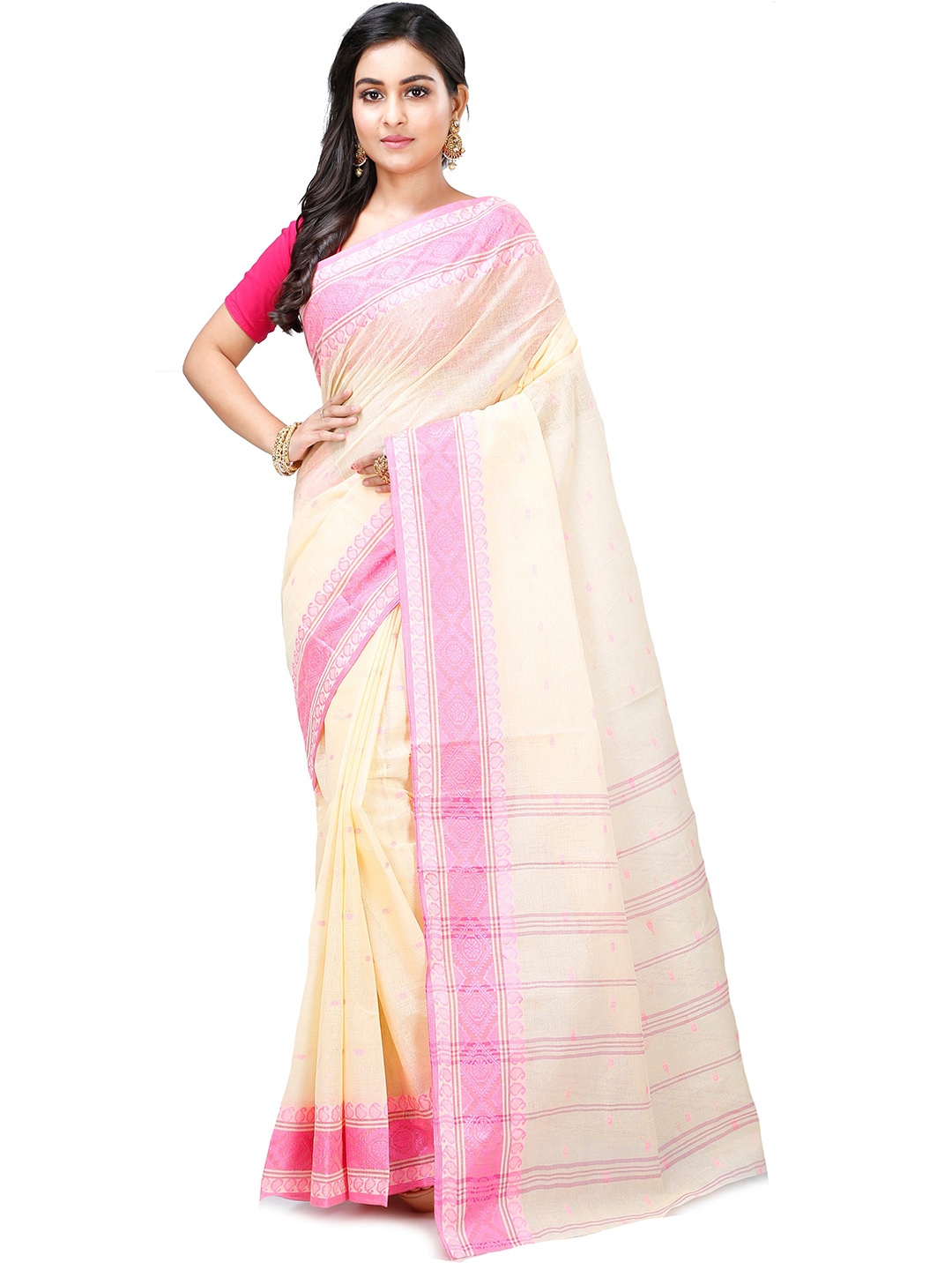 

PuJoy Woven Design Pure Cotton Taant Saree, Pink