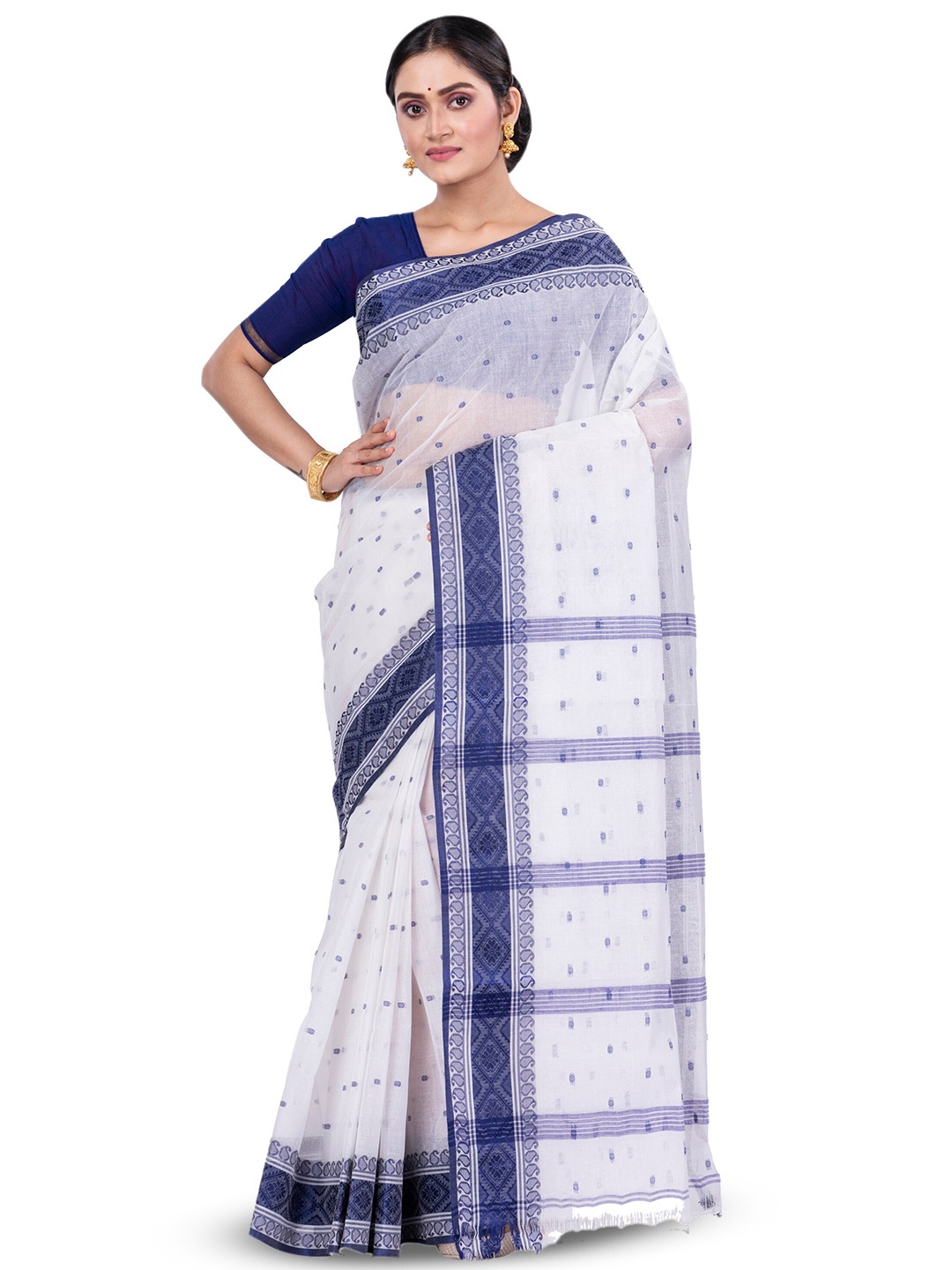 

PuJoy Ethnic Motifs Woven Design Pure Cotton Taant Saree, Blue