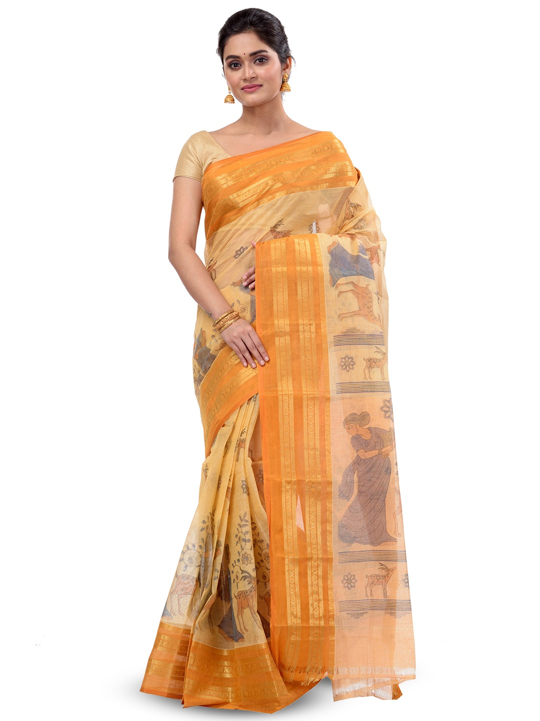 

PuJoy Zari Woven Design Pure Cotton Taant Saree, Brown