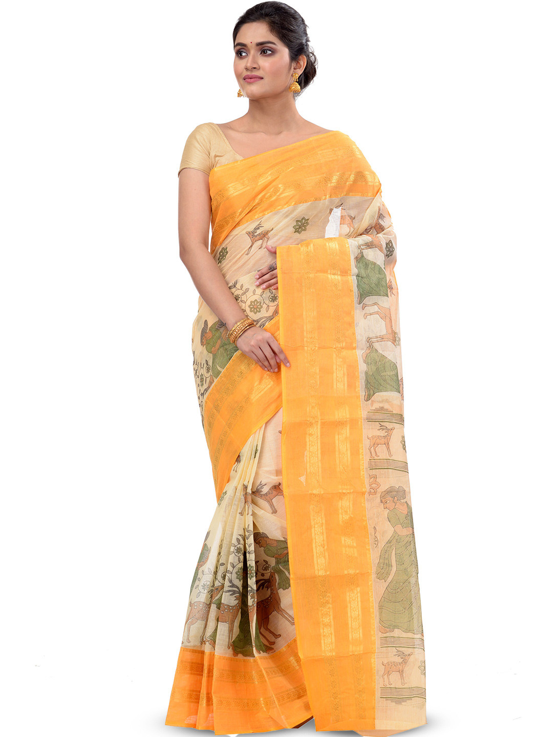 

PuJoy Zari Woven Design Pure Cotton Taant Saree, Yellow