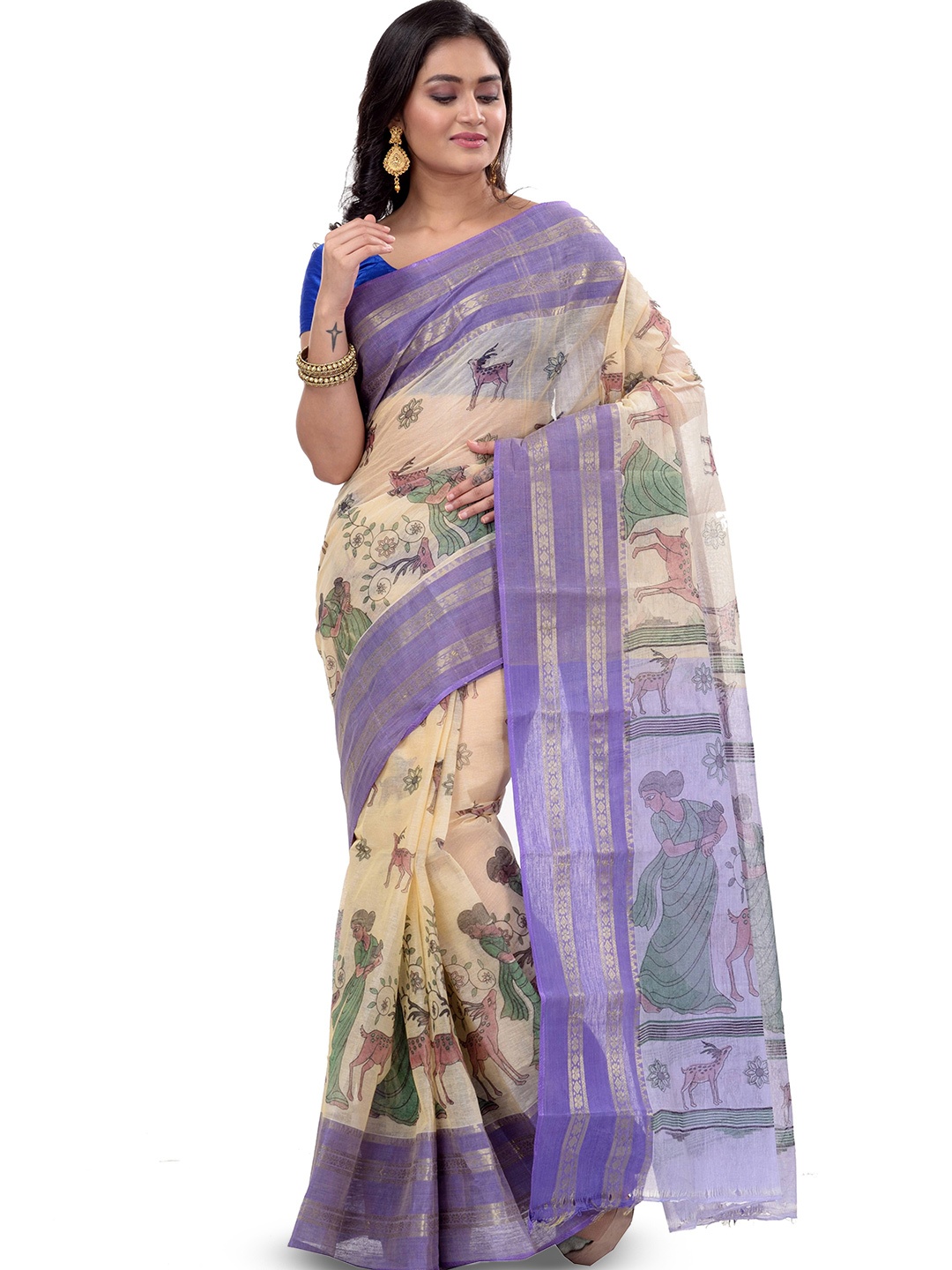 

PuJoy Zari Woven Design Pure Cotton Taant Saree, Purple