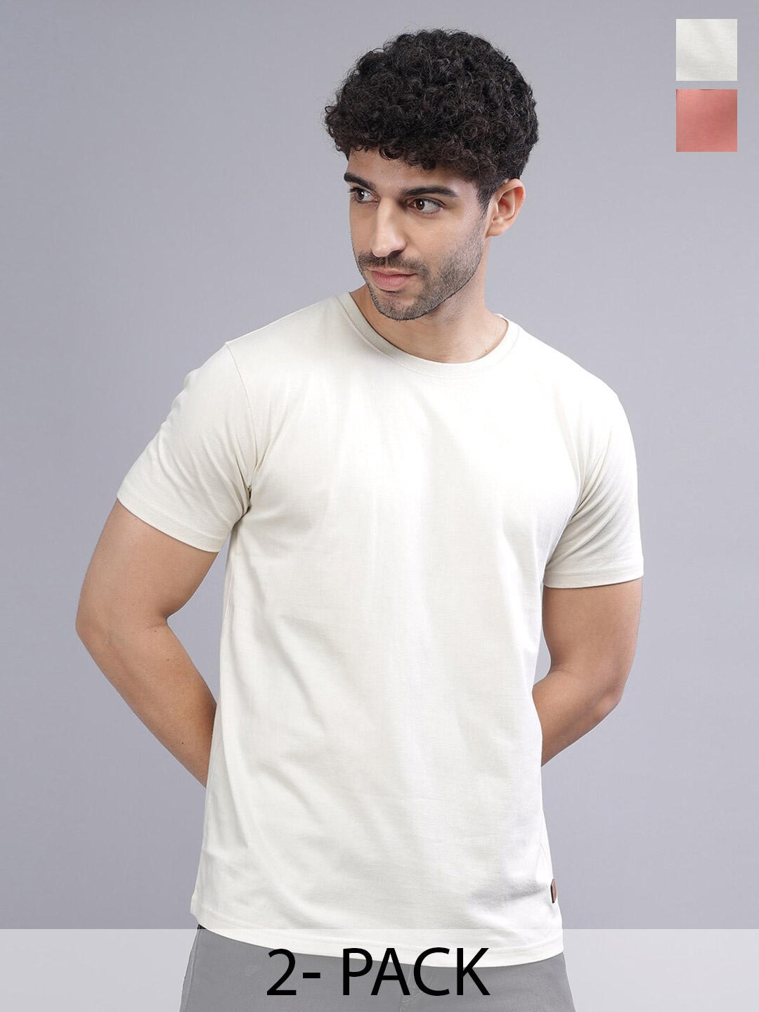 PAUL STREET Pack of 2 Bio Finish Pure Cotton Slim Fit T-shirts, Pink