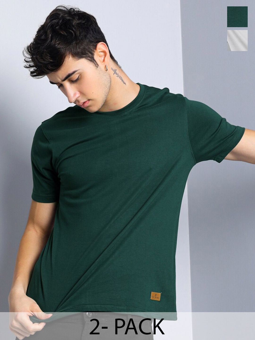 PAUL STREET Pack of 2 Bio Finish Pure Cotton Slim Fit T-shirts, Green