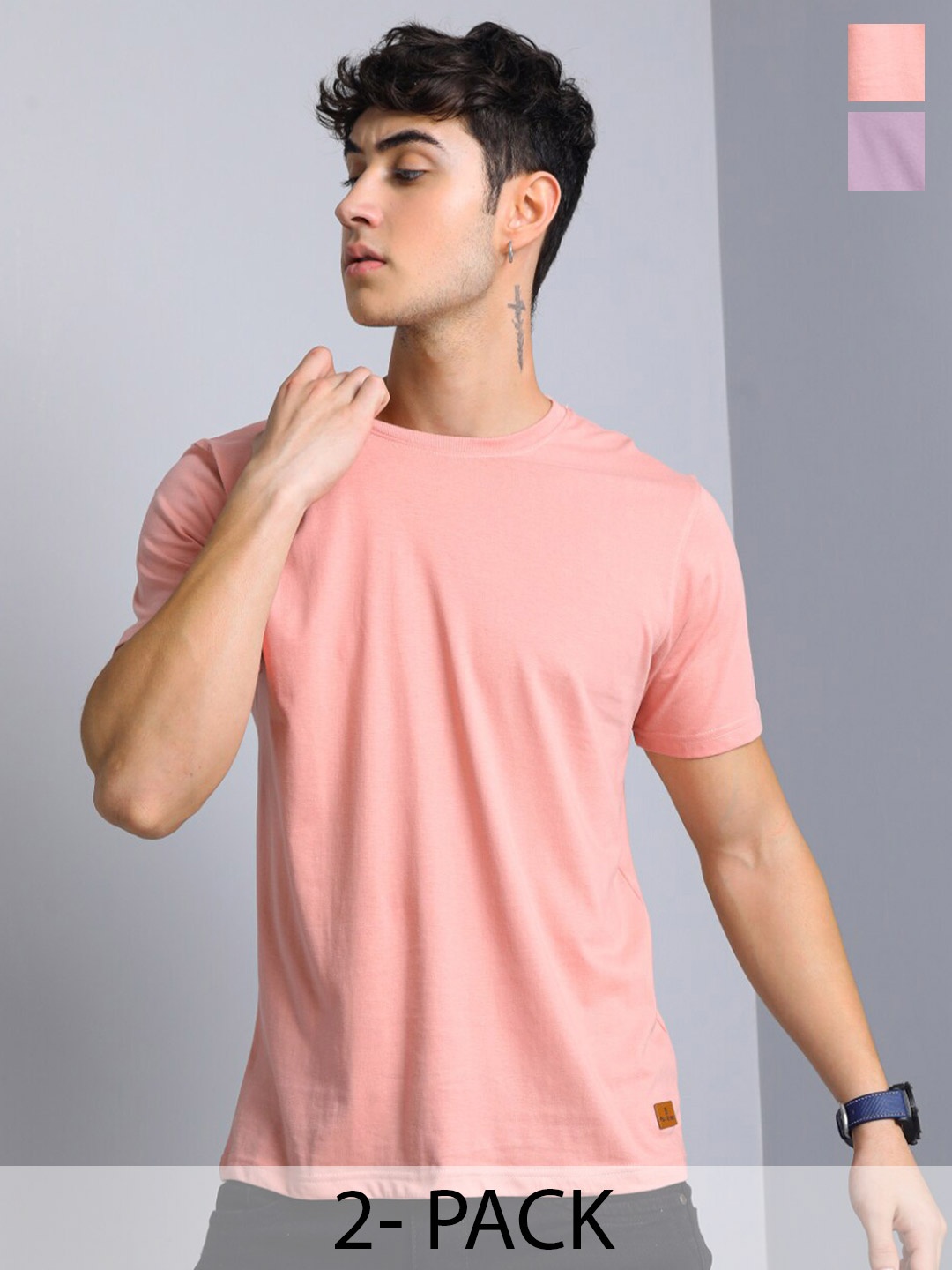 

PAUL STREET Pack of 2 Bio Finish Pure Cotton Slim Fit T-shirts, Pink