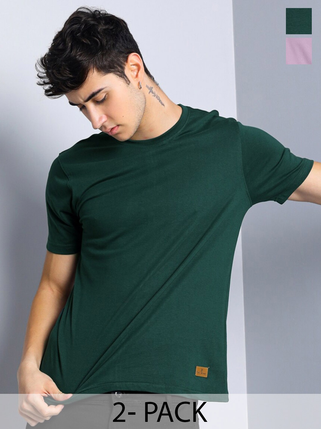 

PAUL STREET Pack of 2 Bio Finish Pure Cotton Slim Fit T-Shirts, Green