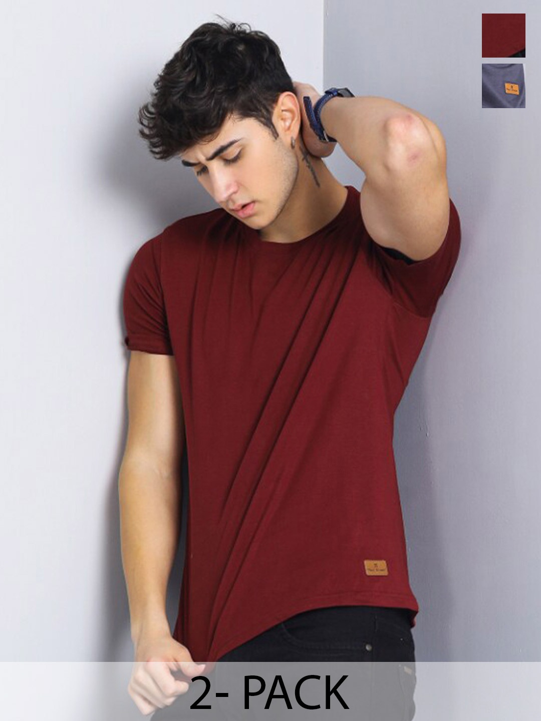 

PAUL STREET Pack of 2 Bio Finish Pure Cotton Slim Fit T-shirts, Maroon