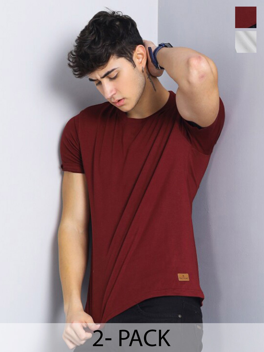 PAUL STREET Pack of 2 Bio Finish Pure Cotton Slim Fit T-shirts, Maroon