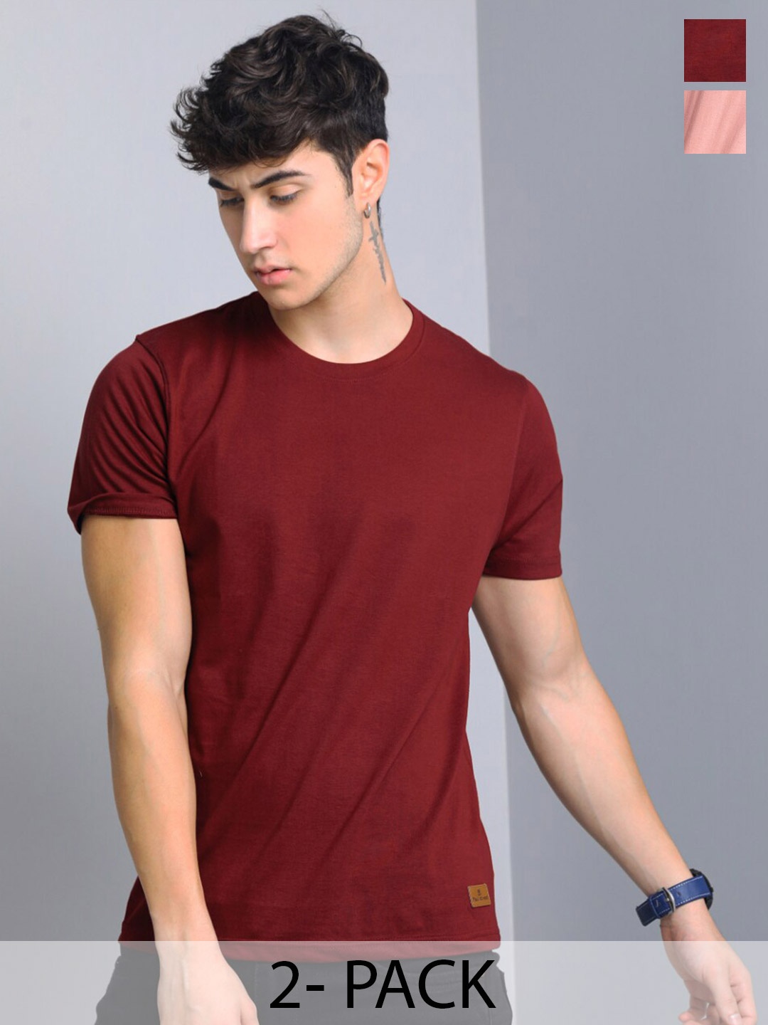 

PAUL STREET Pack of 2 Bio Finish Pure Cotton Slim Fit T-shirts, Pink