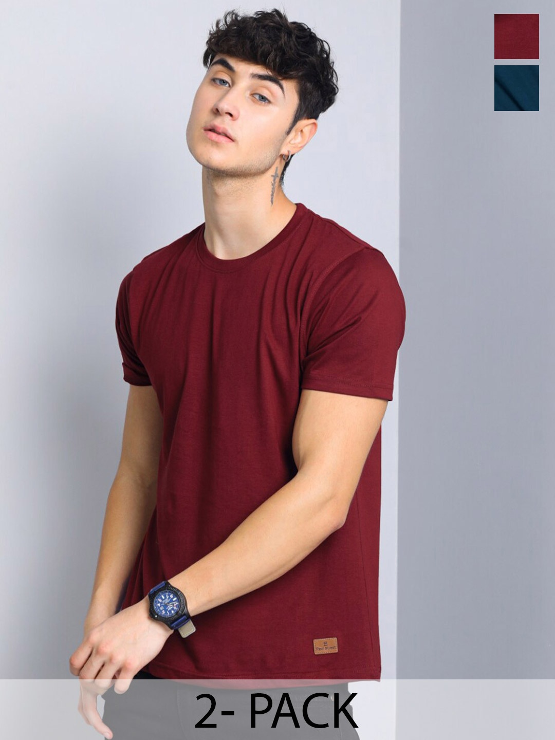 PAUL STREET Pack of 2 Bio Finish Pure Cotton Slim Fit T-shirts, Maroon