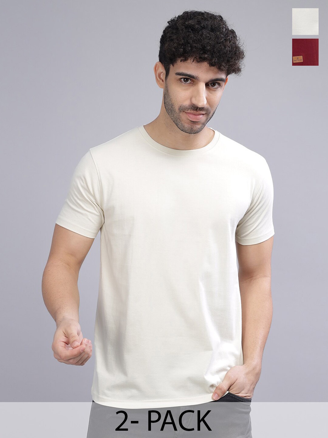 PAUL STREET Pack of 2 Bio Finish Pure Cotton Slim Fit T-shirts, Maroon