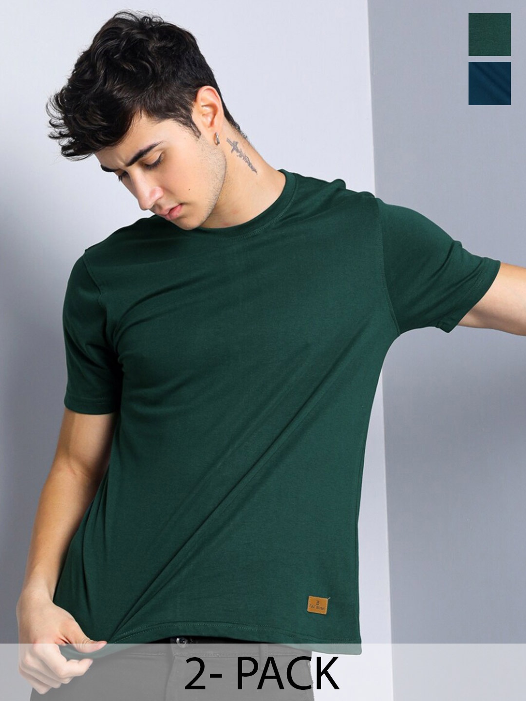 

PAUL STREET Pack of 2 Bio Finish Pure Cotton Slim Fit T-shirts, Green