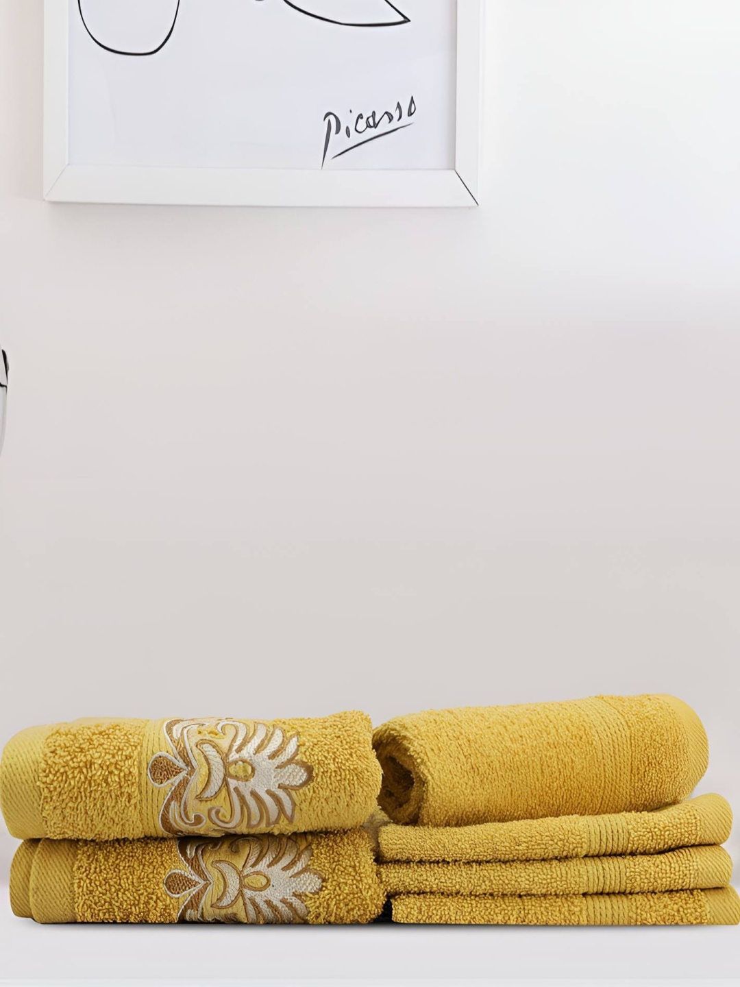 

LUSH & BEYOND Mustard 6 Pieces Self Design Cotton 500 GSM Towel Set