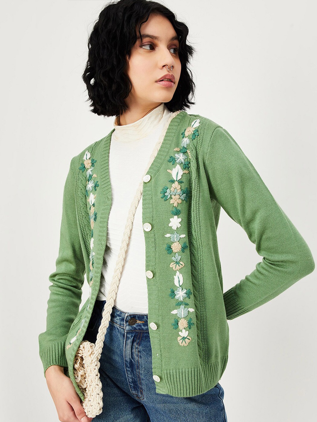 

max Floral Embroidered V-Neck Long Sleeves Acrylic Sweater, Green