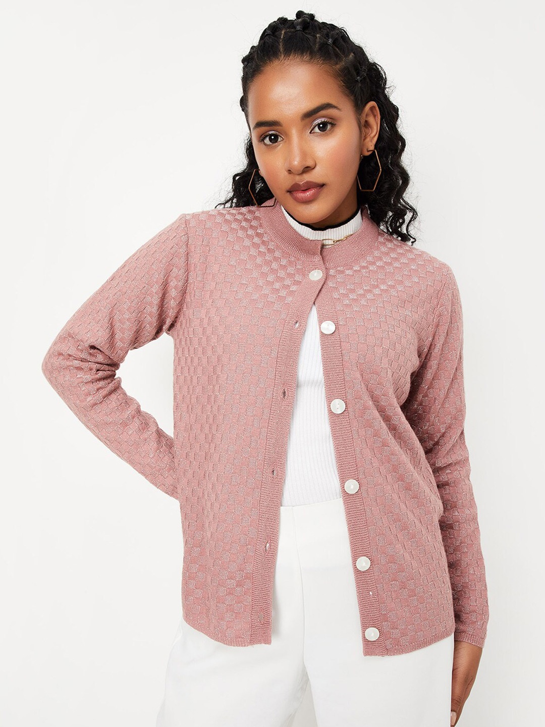 

max Checked Round Neck Long Sleeves Acrylic Sweater, Pink