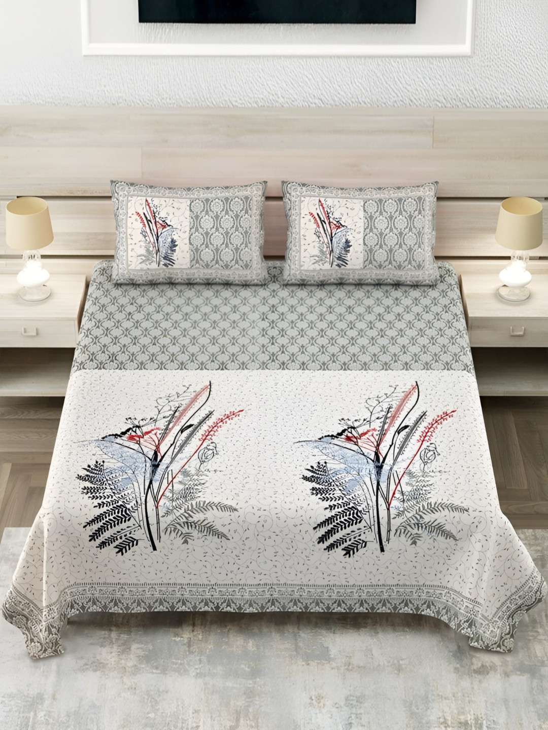 

Bedbathandbliss White & Blue Floral 300 TC King Bedsheet with 2 Pillow Covers