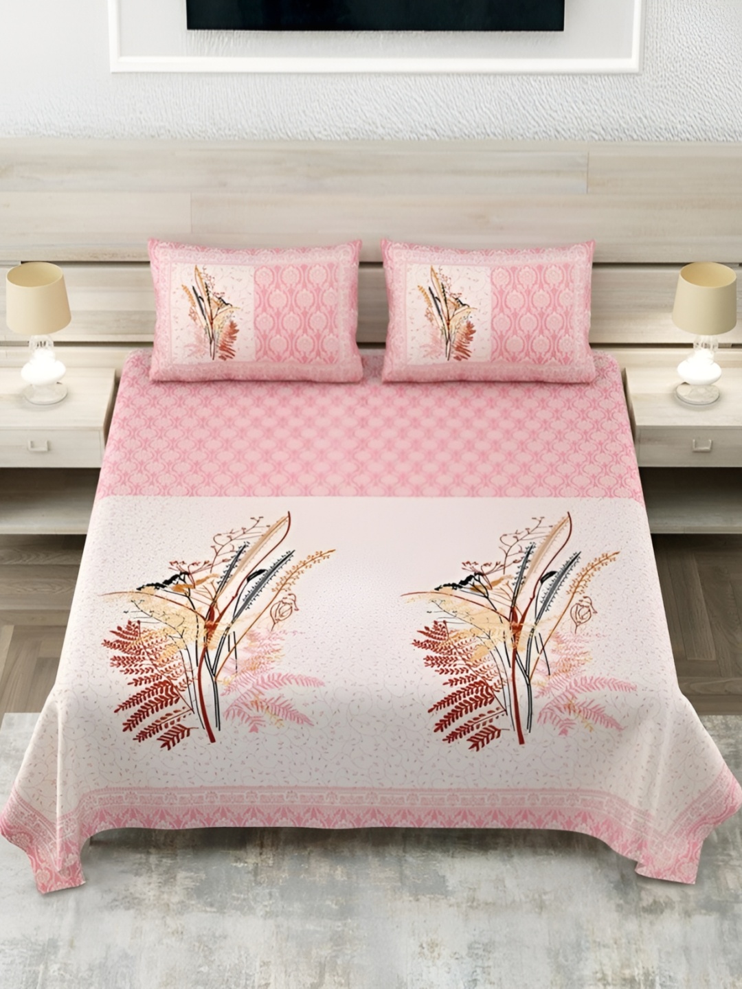 

Bedbathandbliss Pink & White Floral 300 TC King Bedsheet with 2 Pillow Covers