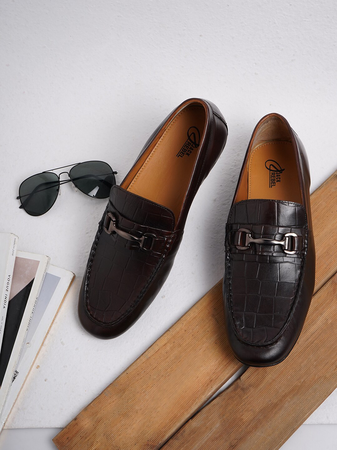 

Jack Rebel Men Textured Lightweight Round Toe Leather Horsebit Loafers, Brown