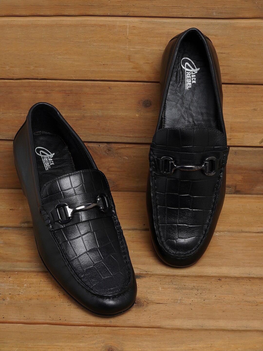 

Jack Rebel Men Textured Round Toe Leather Horsebit Loafers, Black