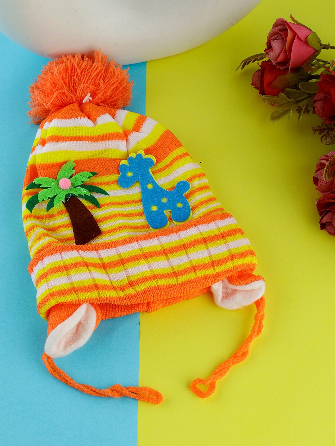 

PASSION PETALS Infants Striped Applique Woolen Beanie Cap, Orange