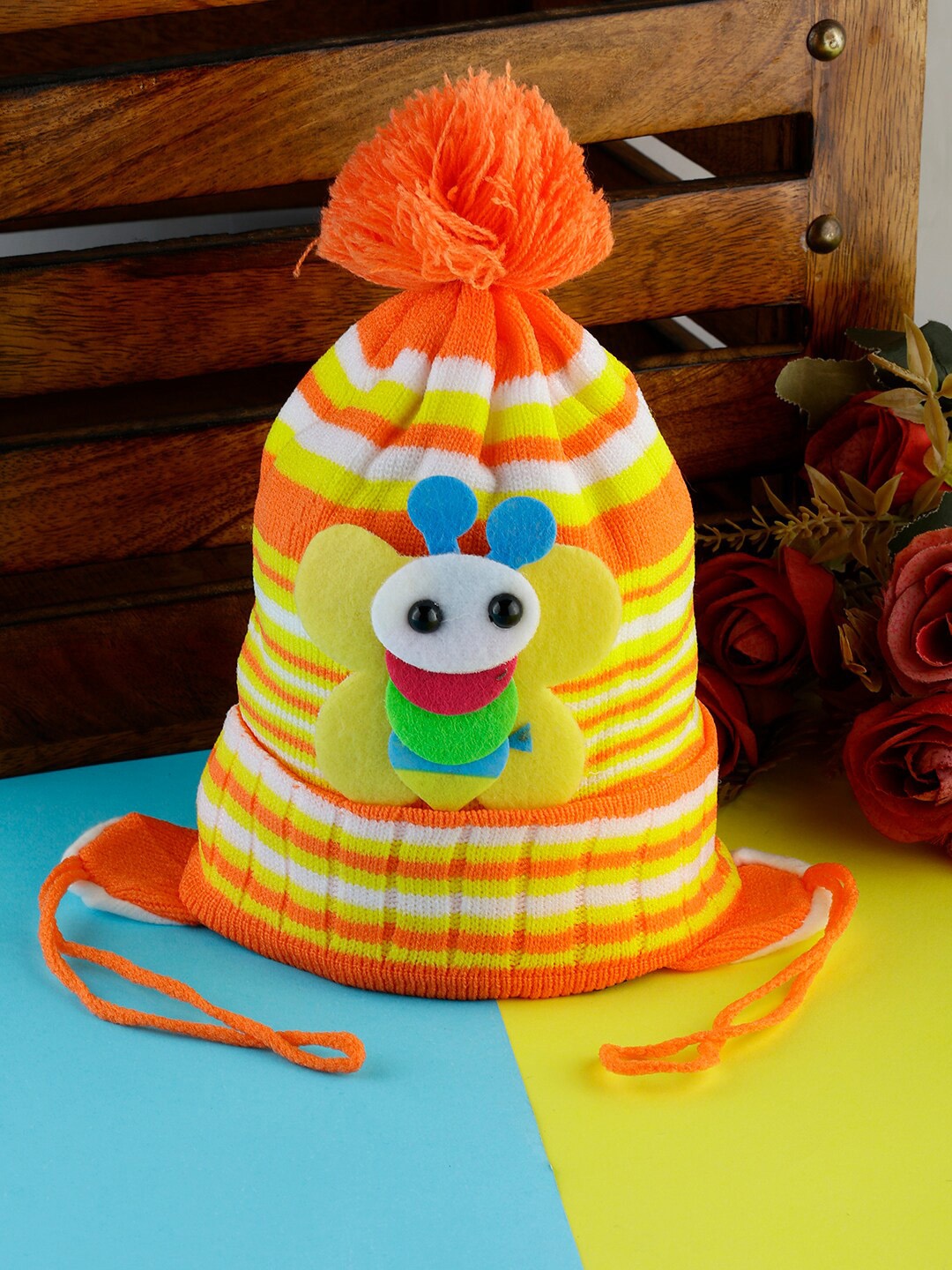 

PASSION PETALS Infants Striped Applique Woolen Beanie Cap, Orange