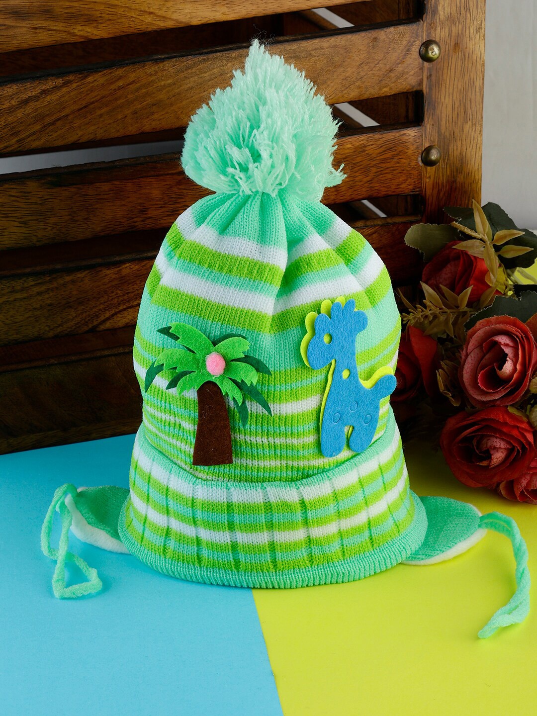 

PASSION PETALS Infants Striped Applique Woolen Beanie Cap, Green