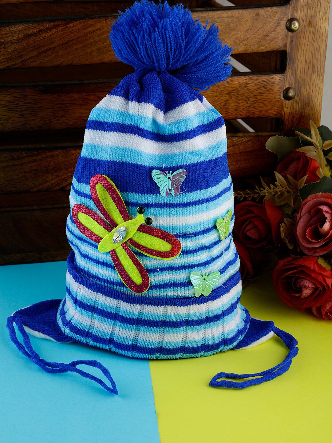 

PASSION PETALS Infants Striped Applique Woolen Beanie Cap, Blue