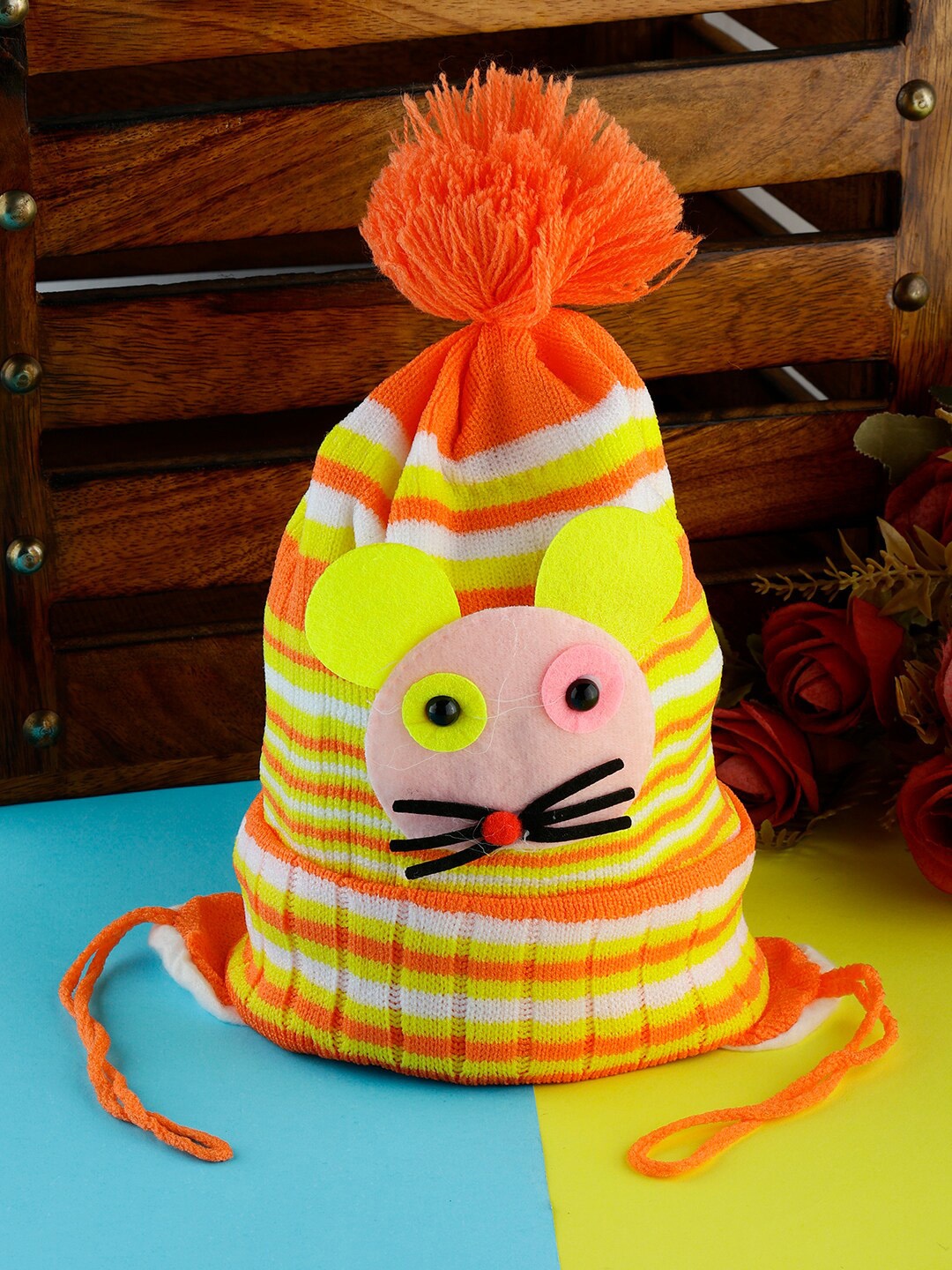 

PASSION PETALS Infants Boys Striped Applique Woolen Beanie Cap, Orange