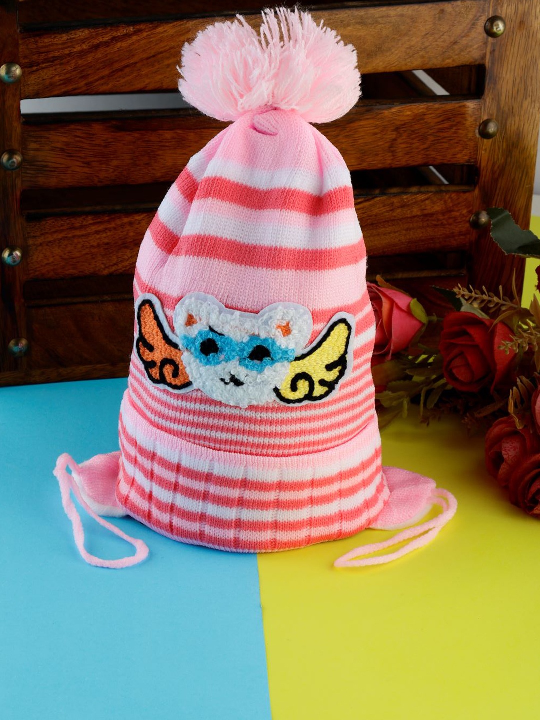 

PASSION PETALS Infants Striped Embroidered Woolen Beanie Cap, Pink