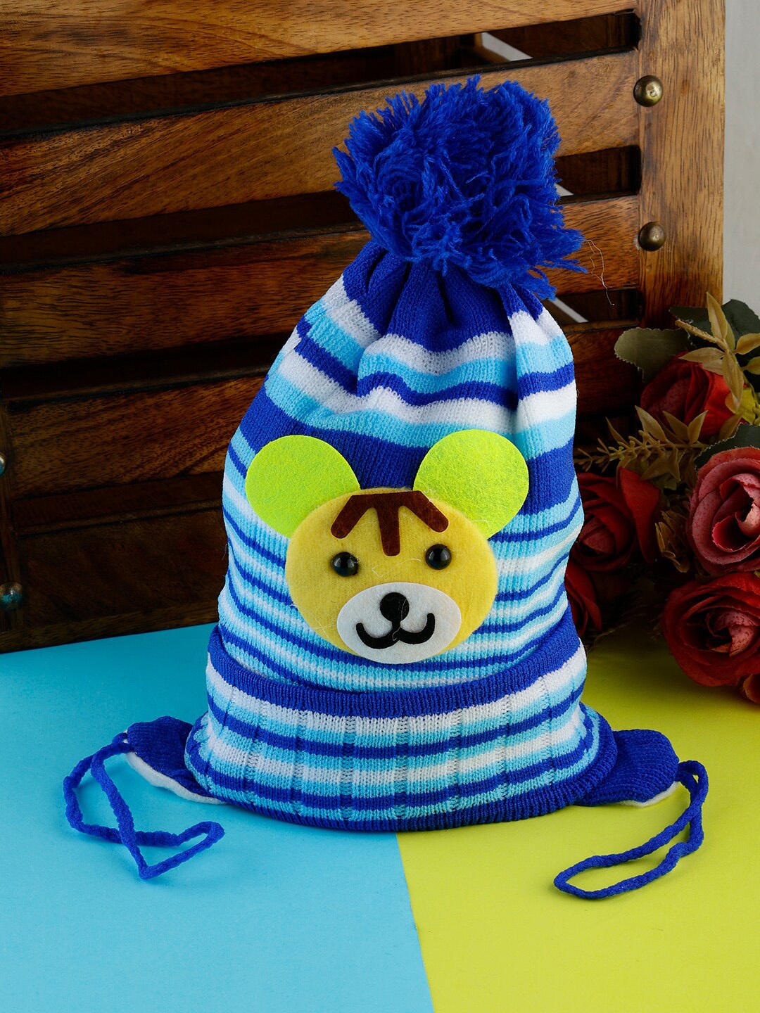 

PASSION PETALS Infants Boys Striped Applique Woolen Beanie Cap, Blue