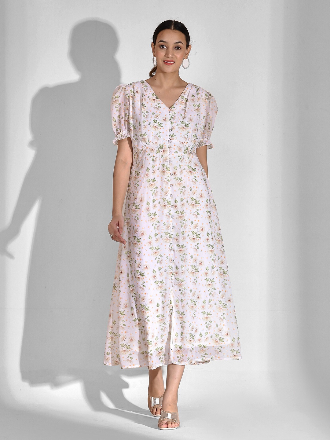 

mokshi Floral Printed Puff Sleeves Fit & Flare Midi Dress, White