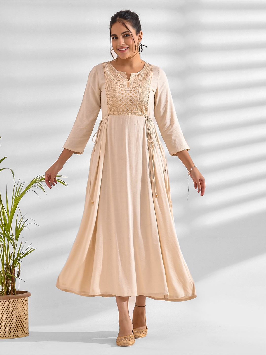 

mokshi Notch Neck Ethnic Embroidered Fit & Flare Midi Dress, Beige