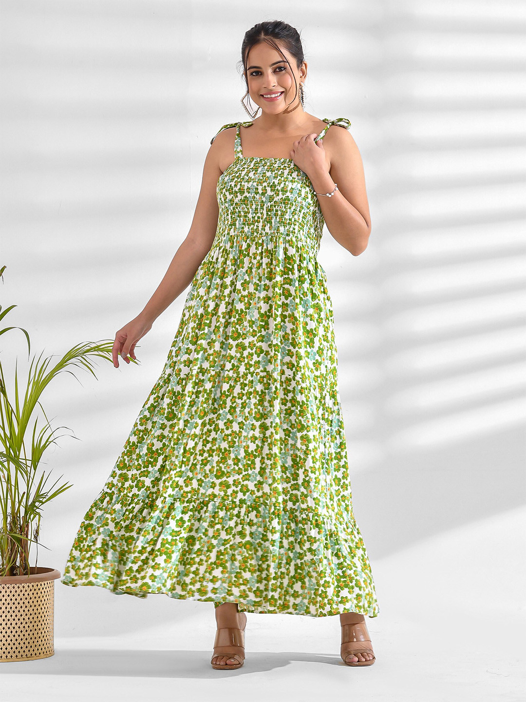 

mokshi Floral Print Fit & Flare Maxi Dress, Green