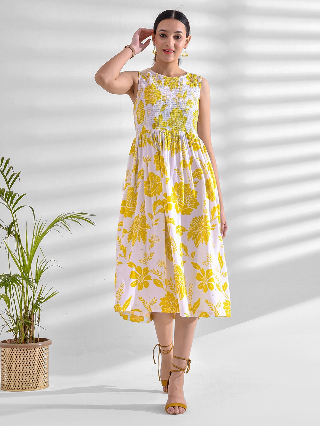 

mokshi Round Neck Sleeveless Floral Print Fit & Flare Midi Dress, Yellow