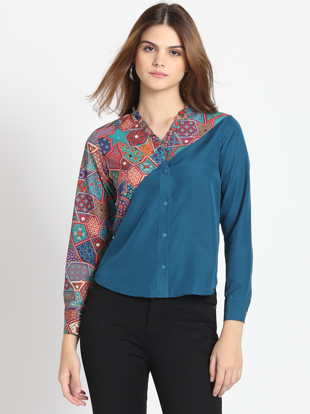 

SHAYE Smart Floral Printed V-Neck Long Sleeves Opaque Casual Shirt, Teal