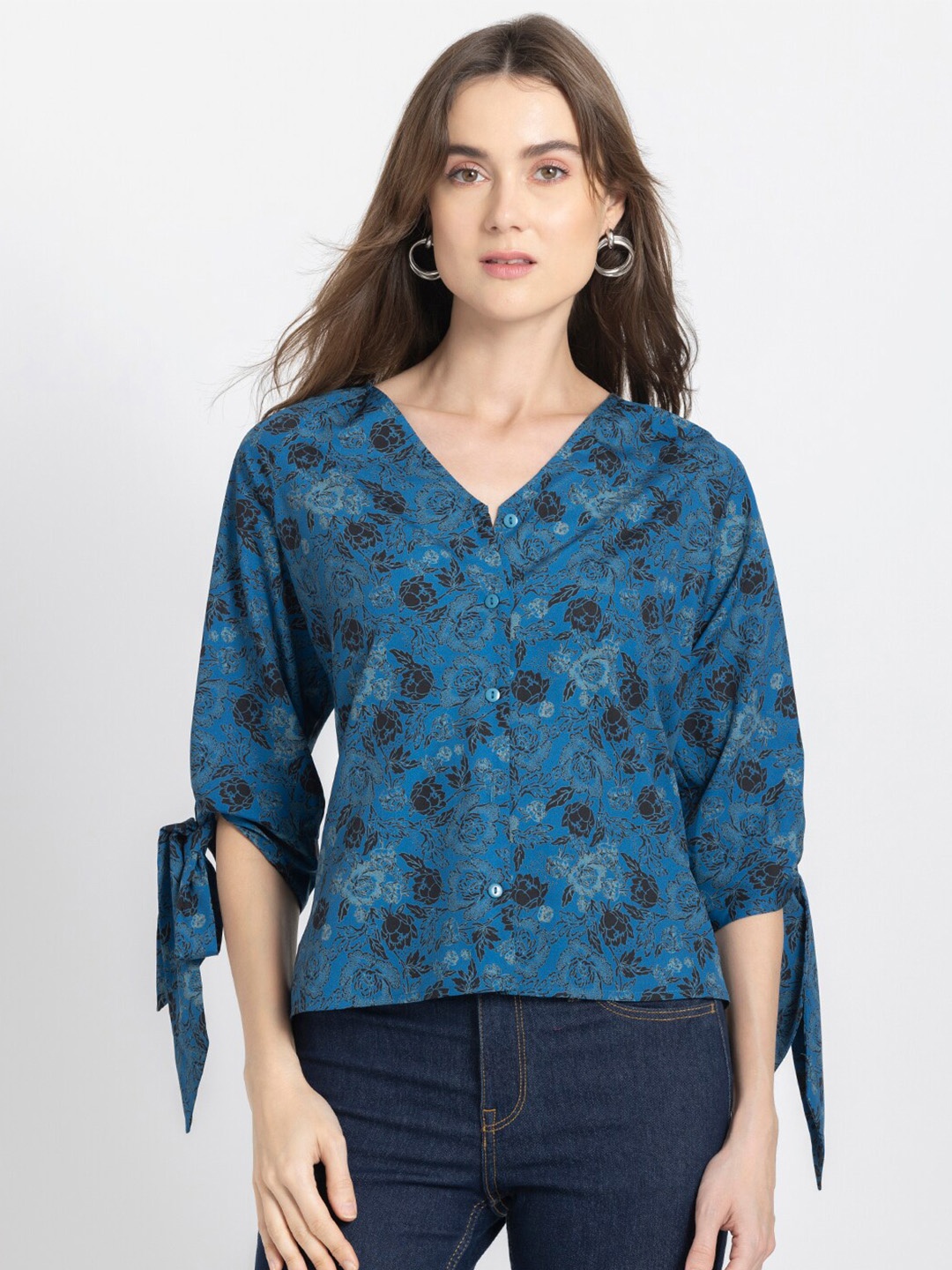 

SHAYE Comfort Floral Printed V-Neck Short Sleeves Opaque Casual Shirt, Teal