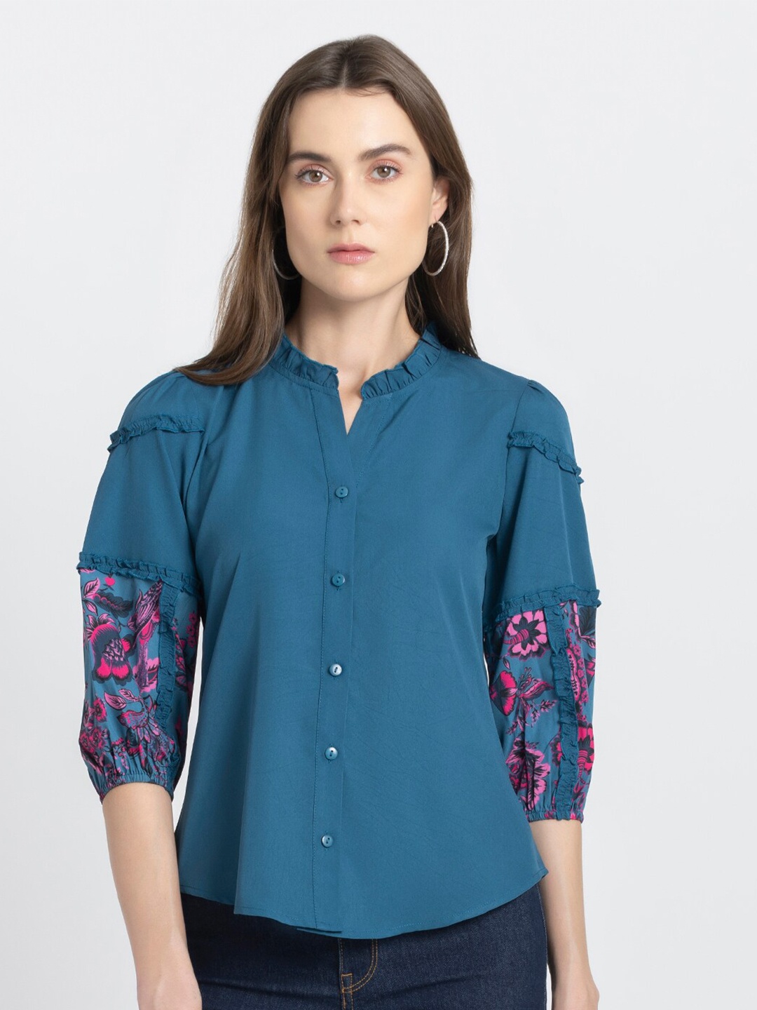 

SHAYE Smart Round Neck Three-Quarter Sleeves Opaque Casual Shirt, Blue